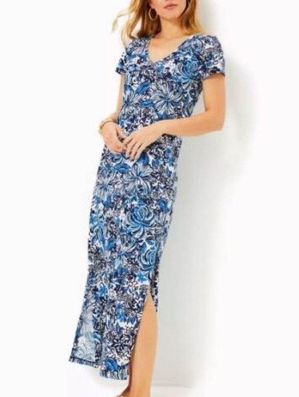 Lilly Pulitzer Wynne Floral Maxi Dress Women's Size S Blue Stretch Jersey Resort